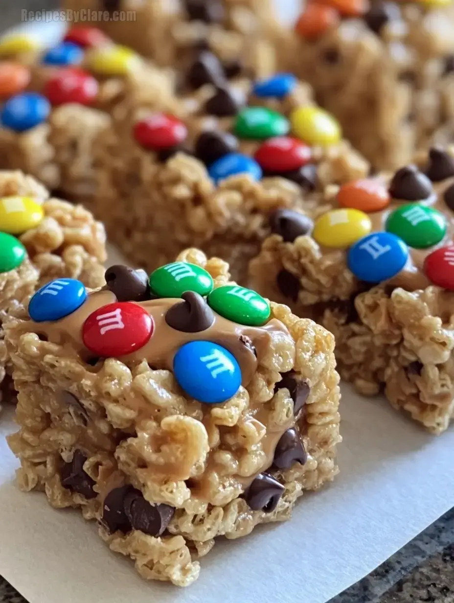 Easy peanut butter cereal bars with M&M's and chocolate chips