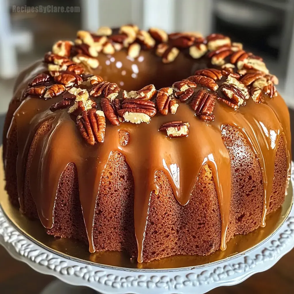 Golden brown cake topped with caramel and pecans