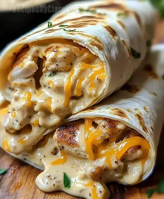 Two toasted wraps filled with cheese, chicken, and creamy garlic sauce, served on a rustic wooden board.