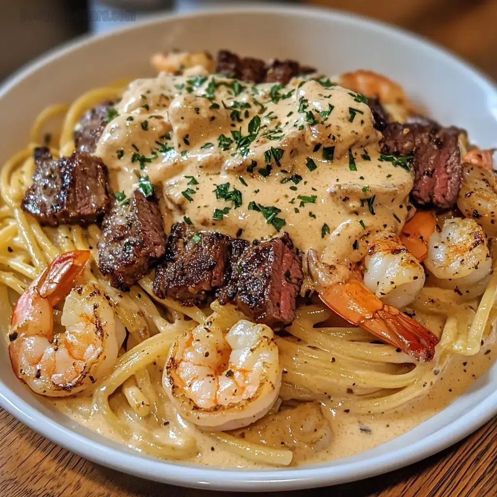 Shrimp and Steak with Alfredo sauce