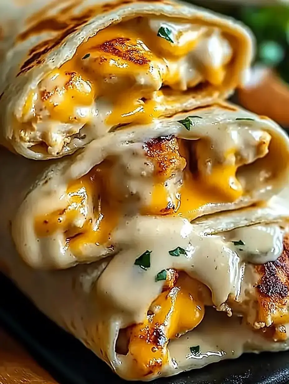 Stacked grilled wraps loaded with chicken, cheese, and creamy sauce. Bright herbs finish the look.