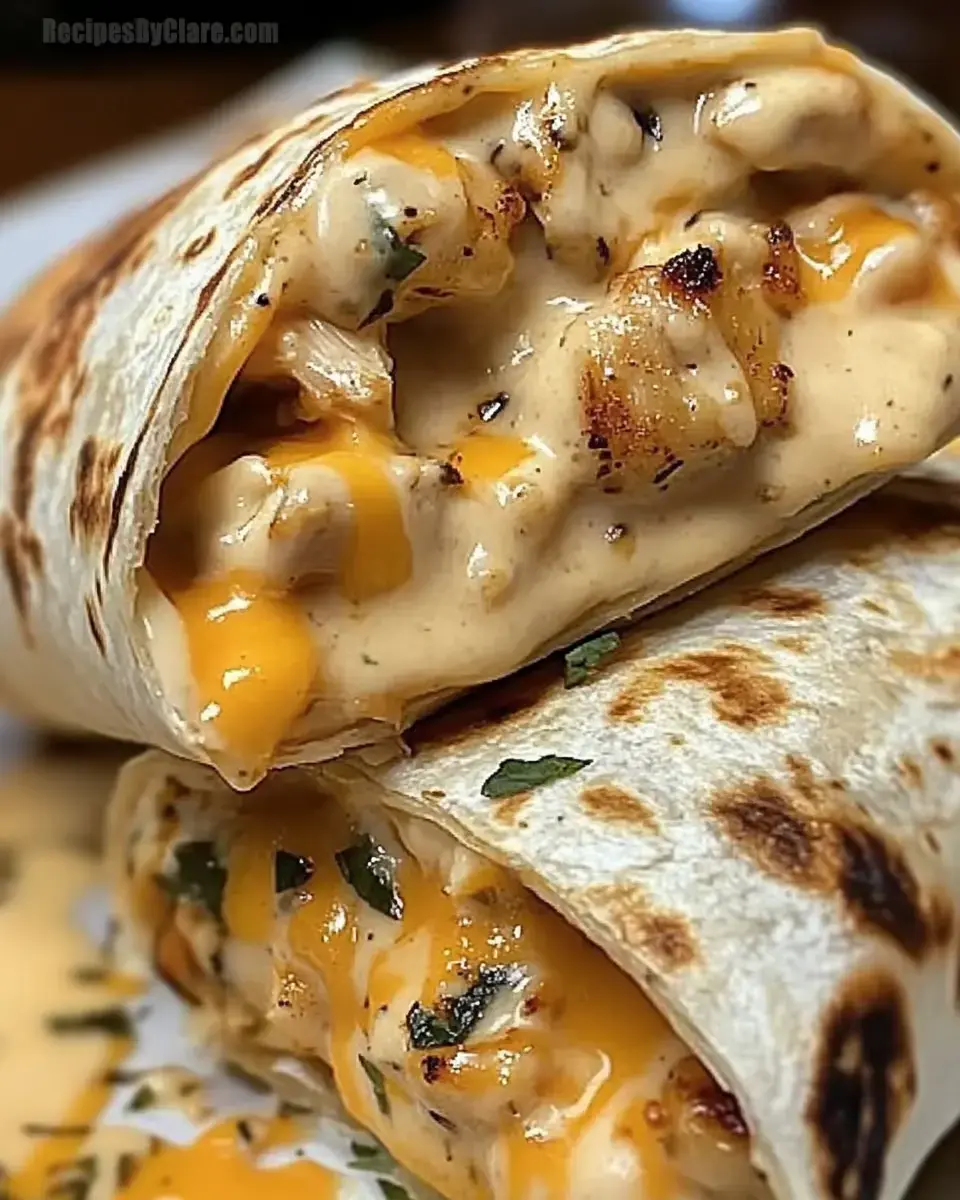 Close-up of two stuffed, grilled wraps with stretchy cheese and chicken, sprinkled with fresh herbs.