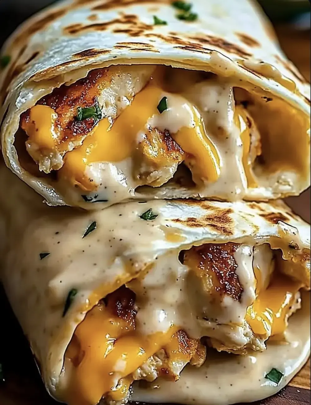 Toasty tortilla stuffed with cheesy chicken and creamy sauce, topped with herbs. Up close and mouthwatering.