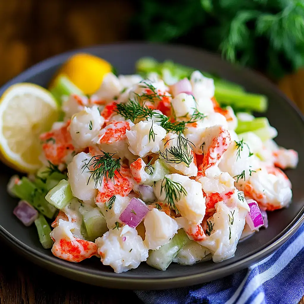 A fresh seafood mix with chunks of imitation crab, celery, and red onion garnished with dill, served alongside lemon wedges.