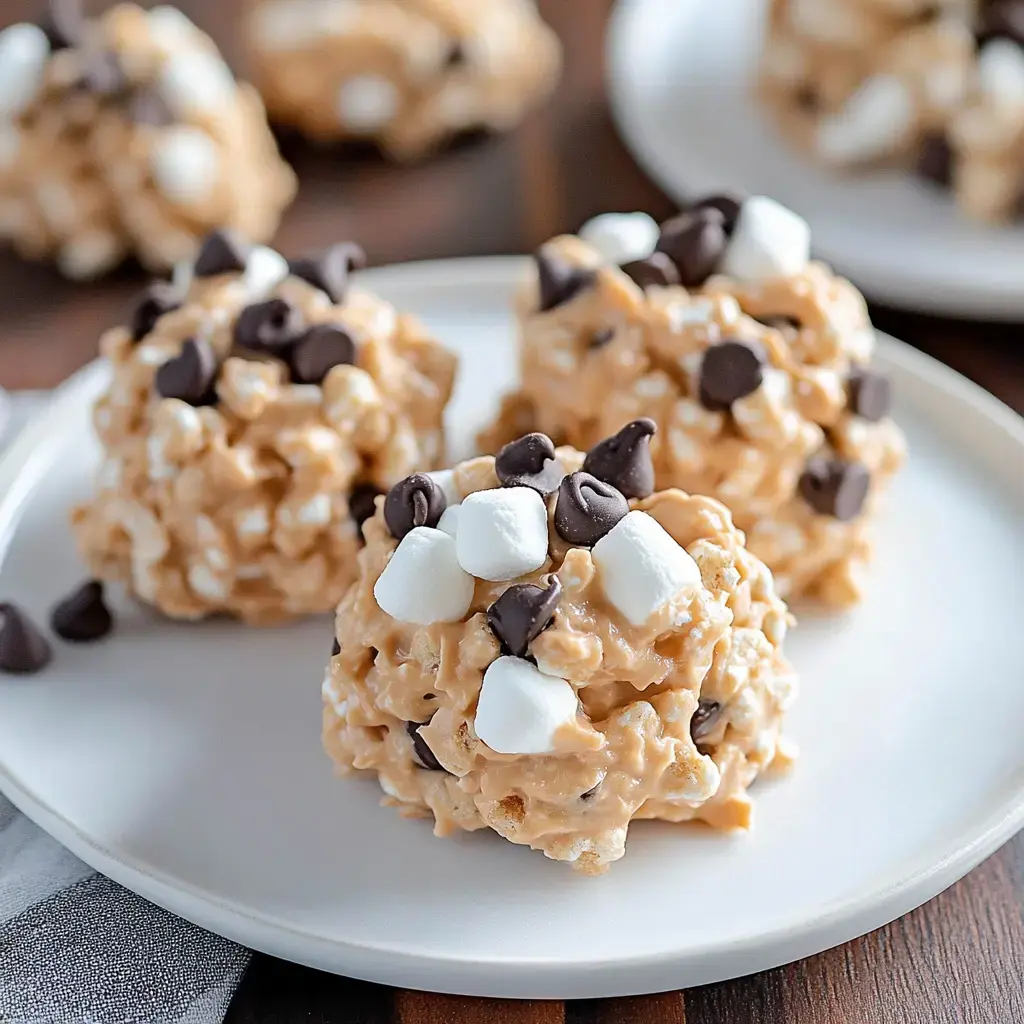 Round marshmallow-studded sweets with chocolate chips sitting on a white plate.