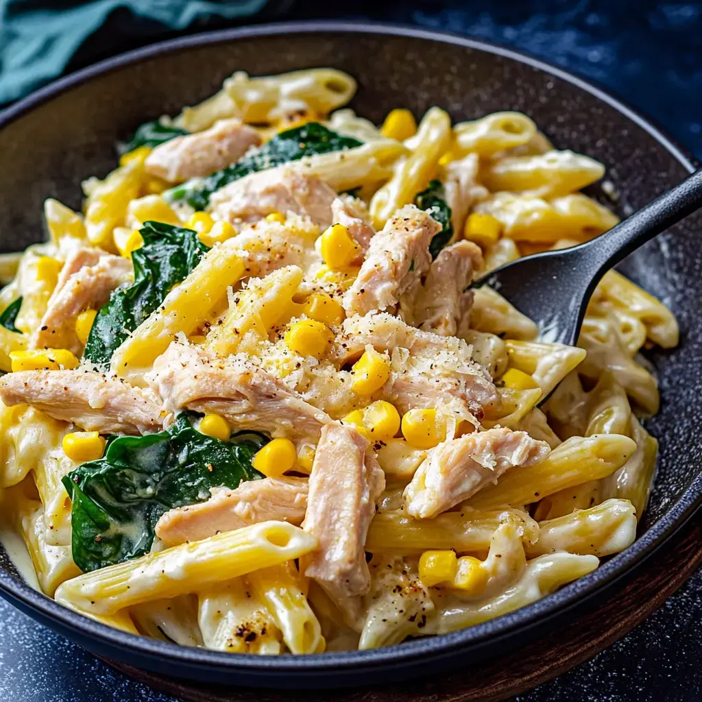 A creamy pasta bowl filled with chicken, sweetcorn, spinach, and penne, topped with cheese and pepper.