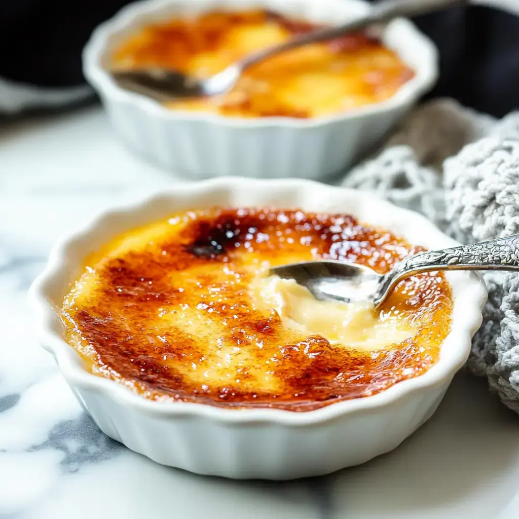 Two small white dishes of creme brulee, one with a spoon scooping a bite, on a marble countertop.