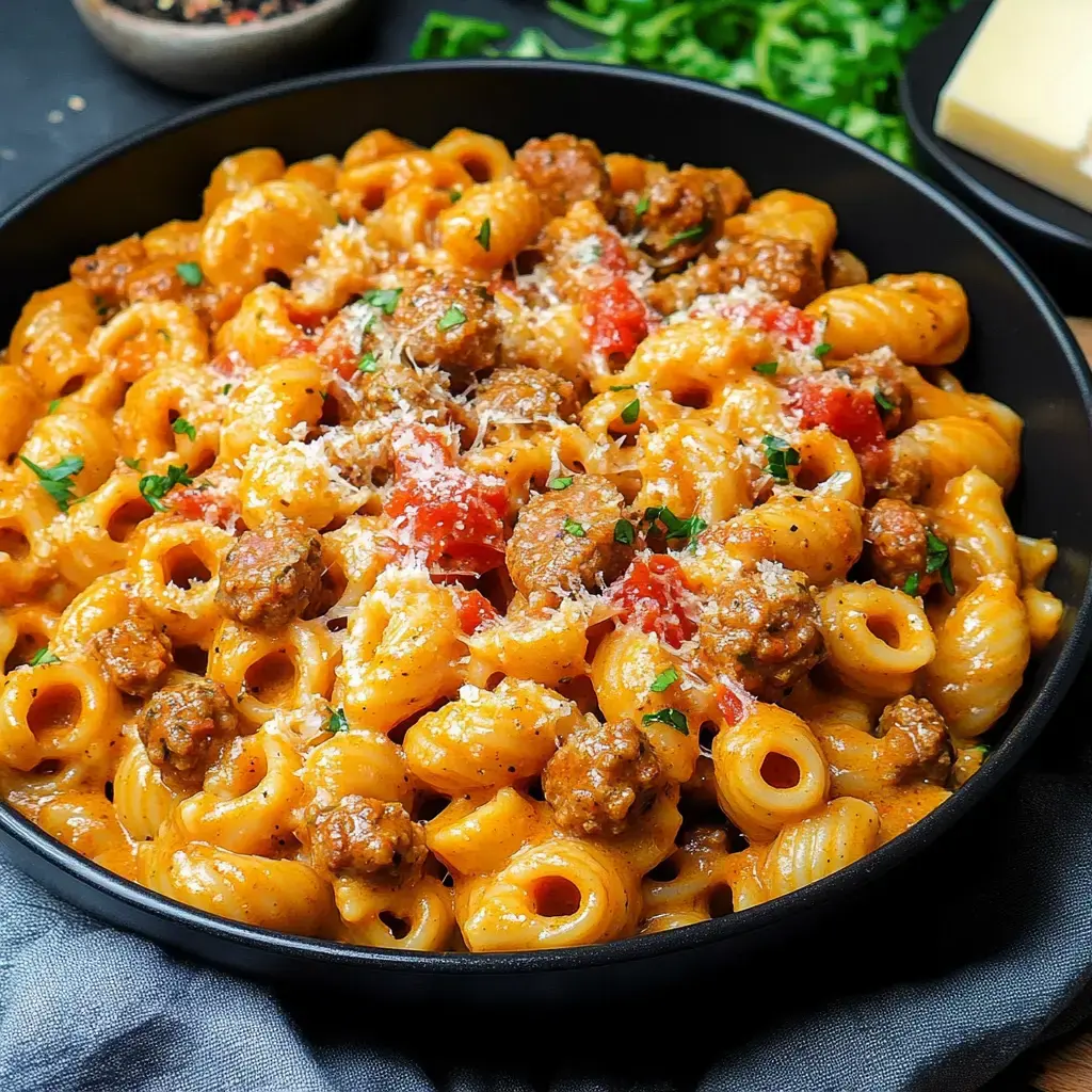 A close-up shot of a black bowl filled with creamy pasta, savory sausage, diced peppers, and grated cheese, topped with fresh herbs.