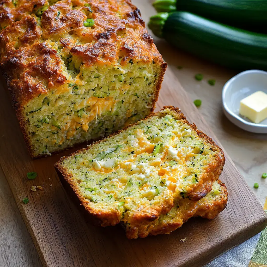Moist slices of cheesy zucchini loaf on a wooden board, with fresh zucchini and butter nearby.