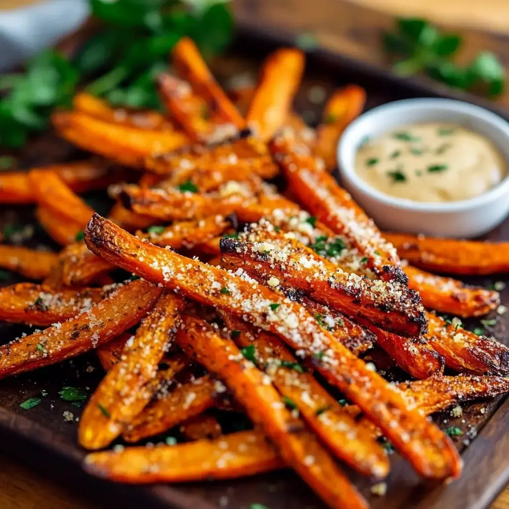 Golden roasted carrot sticks topped with melted cheese, served with dipping sauce on the side.