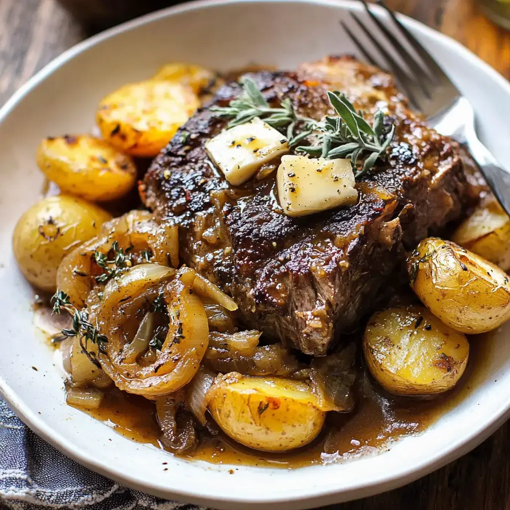 A dish filled with soft beef roast, crispy potatoes, buttery sage, and caramelized onions.