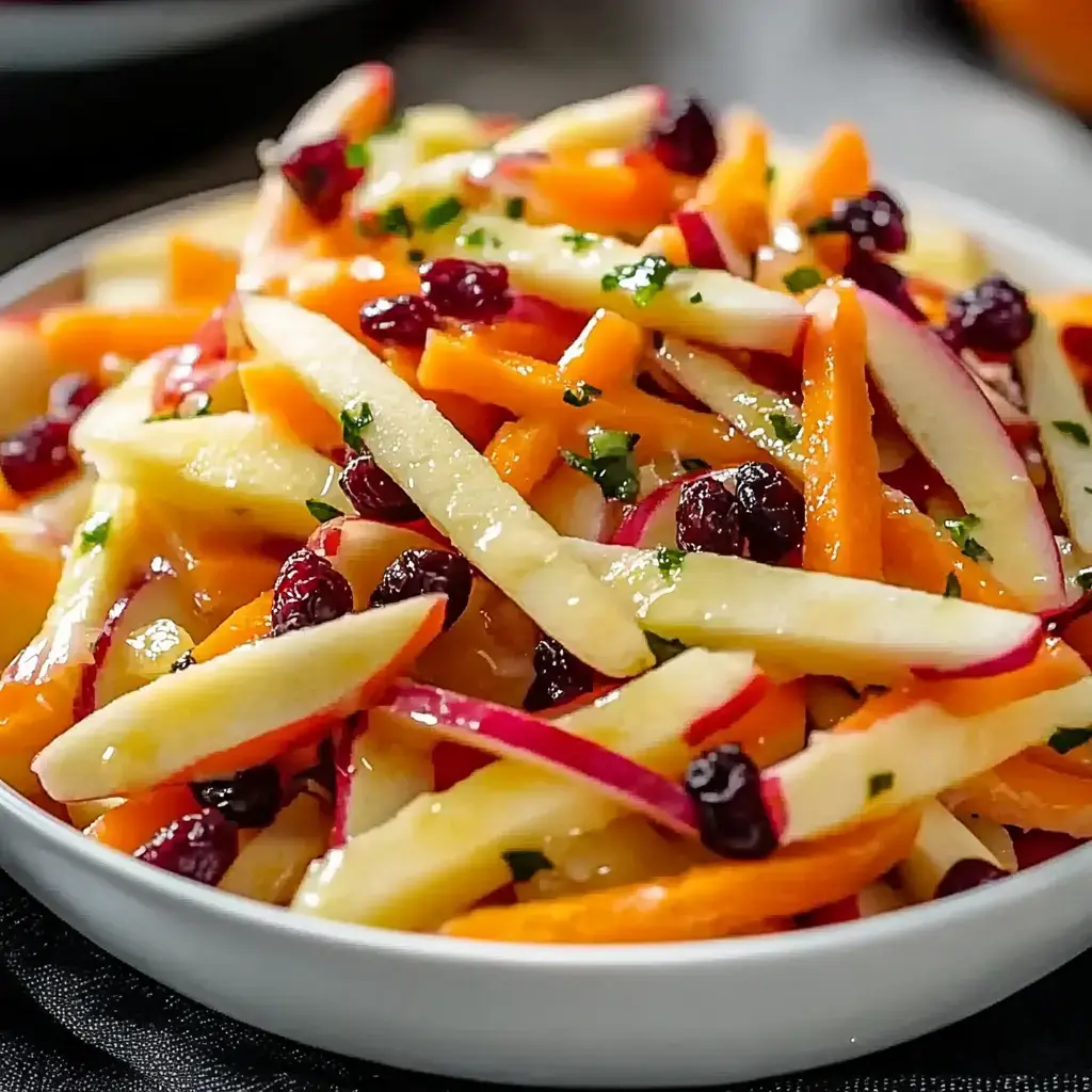 A vibrant mix of apples, carrots, and cranberries topped with greenery and served in a white dish.