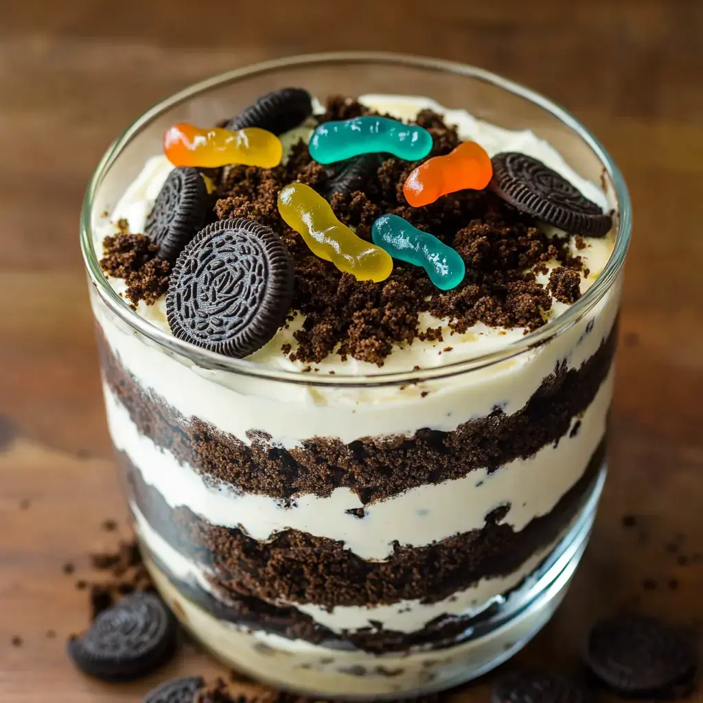 A dessert in a clear glass layered with chocolate crumbs, creamy pudding, and gummy worms sitting on top.