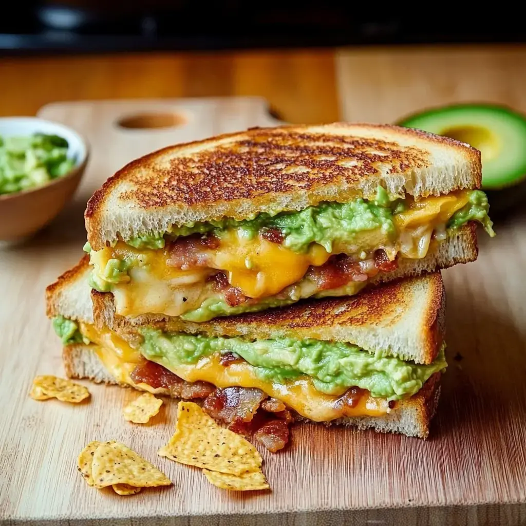 A toasted sandwich packed with guacamole, melted cheese, and bacon on a wooden board, surrounded by tortilla chips and guacamole.
