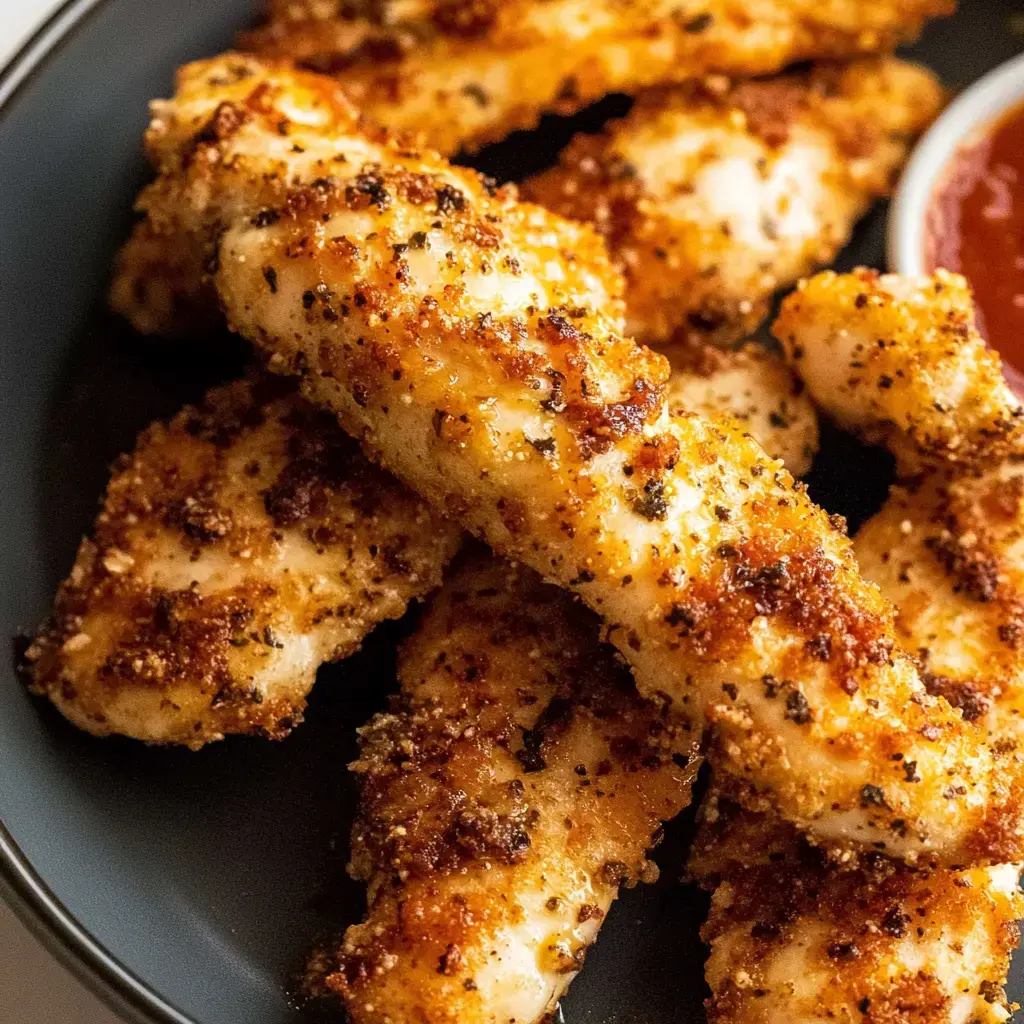 Golden and crispy breaded chicken strips served on a plate with dipping sauce nearby.
