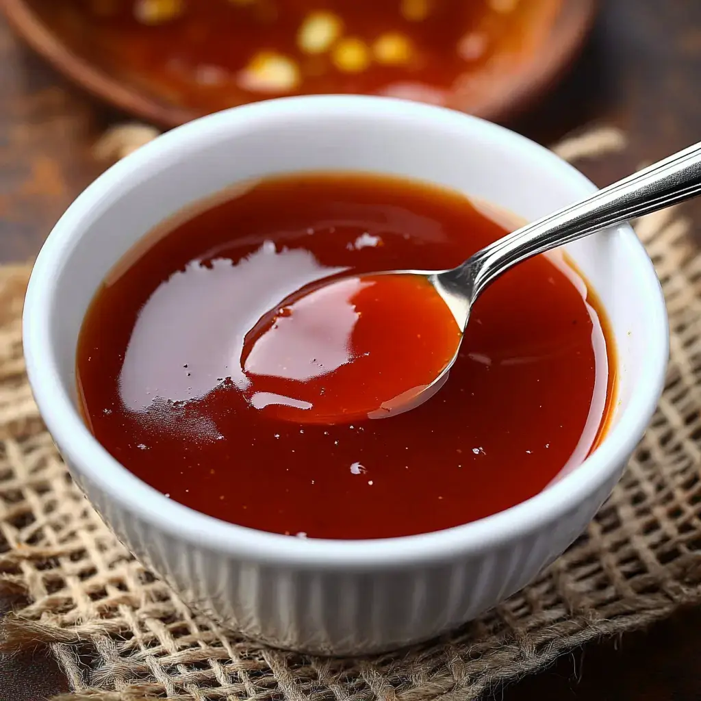 A shiny red sauce in a white bowl with a spoon, sitting atop a rustic-looking brown background.