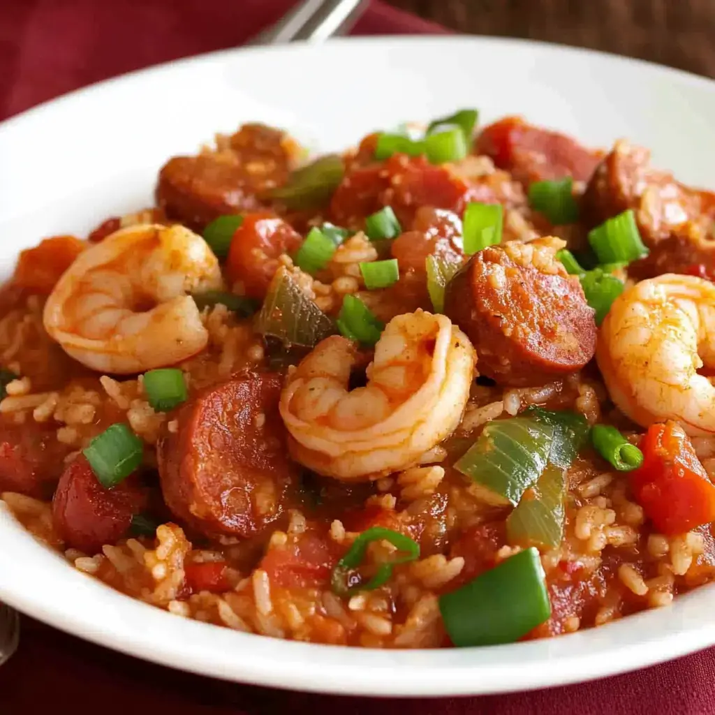 A close-up bowl of jambalaya with sausage, shrimp, rice, and green onions.