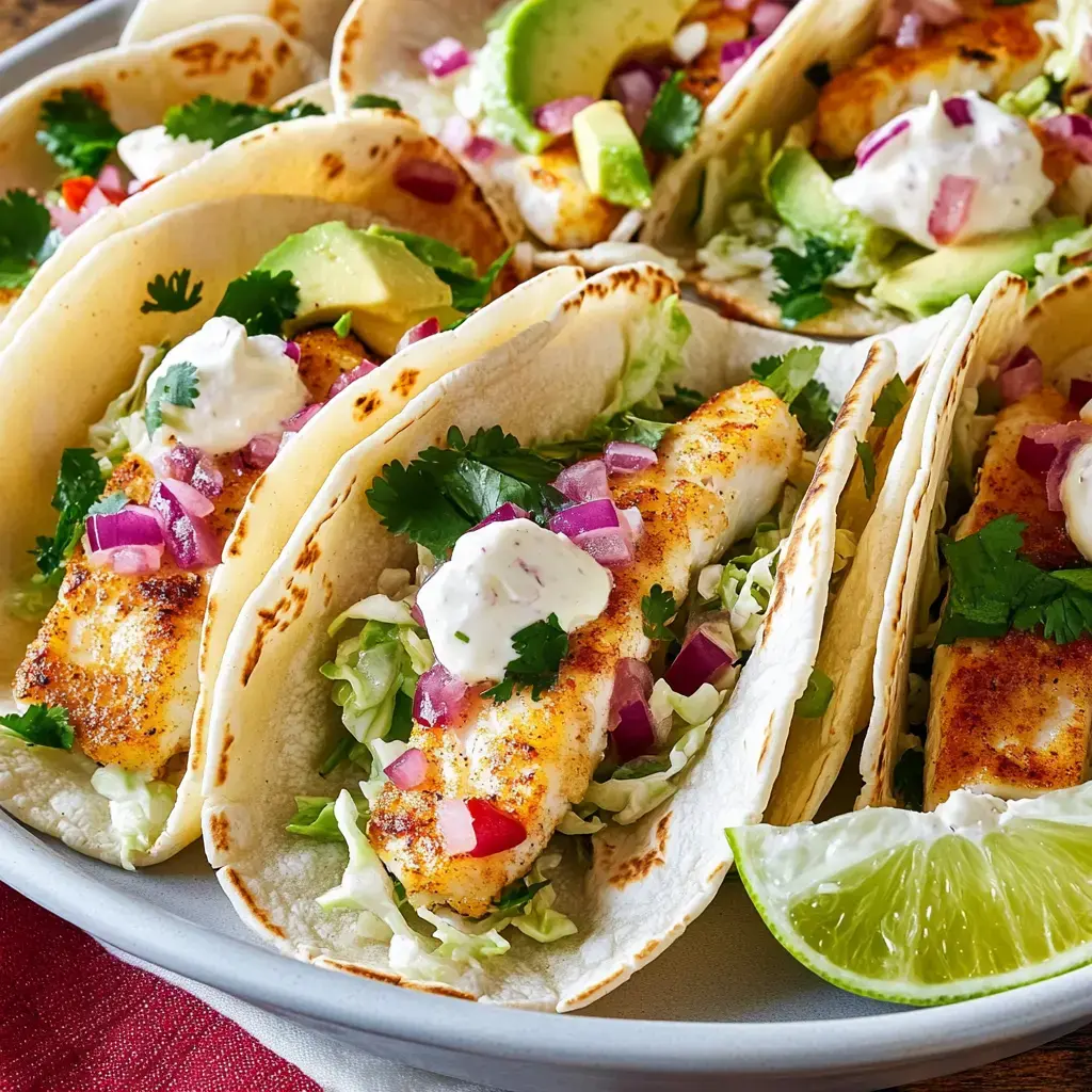 A spread of tacos stuffed with flaky fish, fresh veggies, creamy sauce, and lime slices on the side.