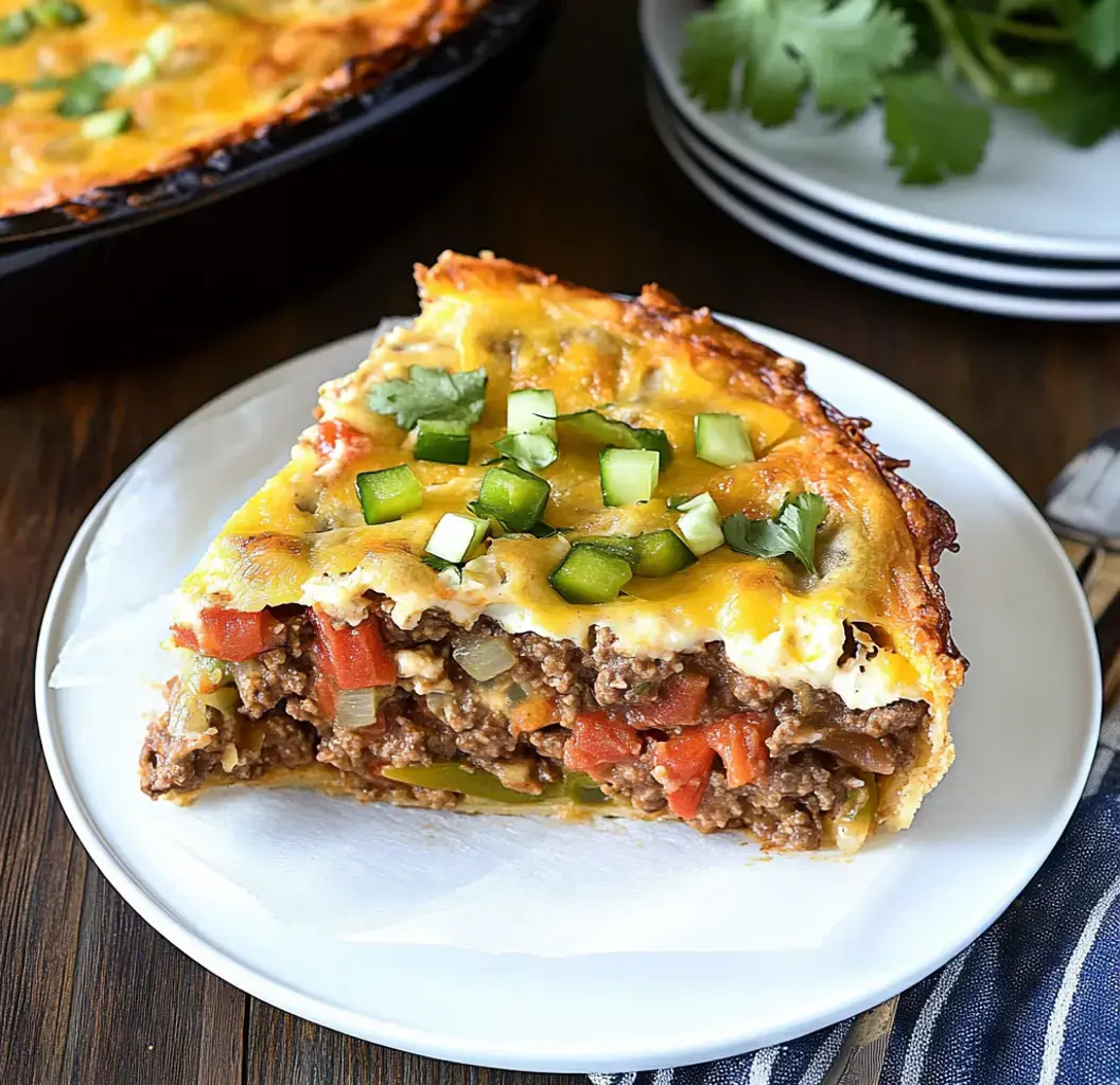A big slice of baked dish with melted cheese, green pepper chunks, and fresh cilantro sitting on a white plate.