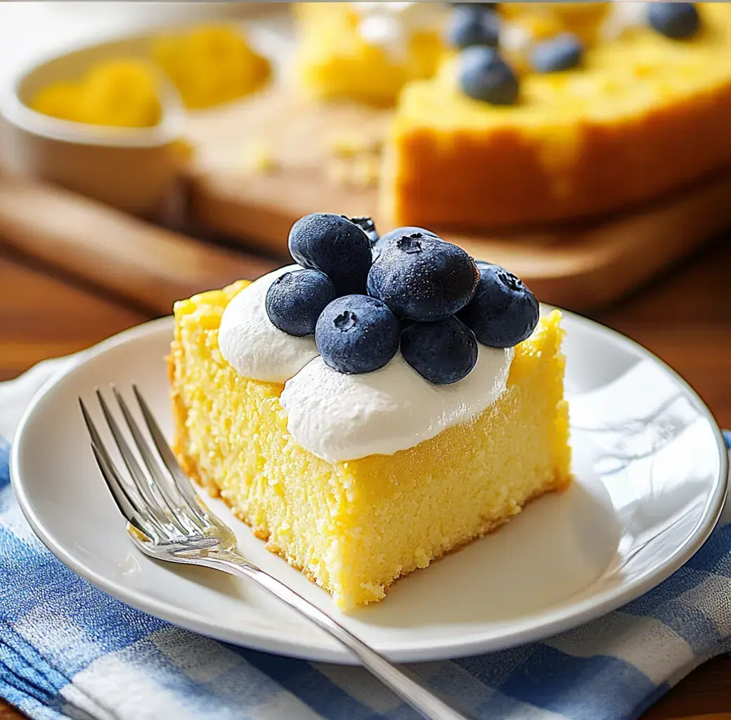 A summery dessert with layers of cake, custard, and whipped cream, served with blueberries on a white plate.