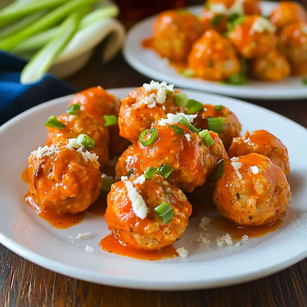 Plate piled with saucy chicken bites, sprinkled with green onions and cheese, with a second plate visible in the back.