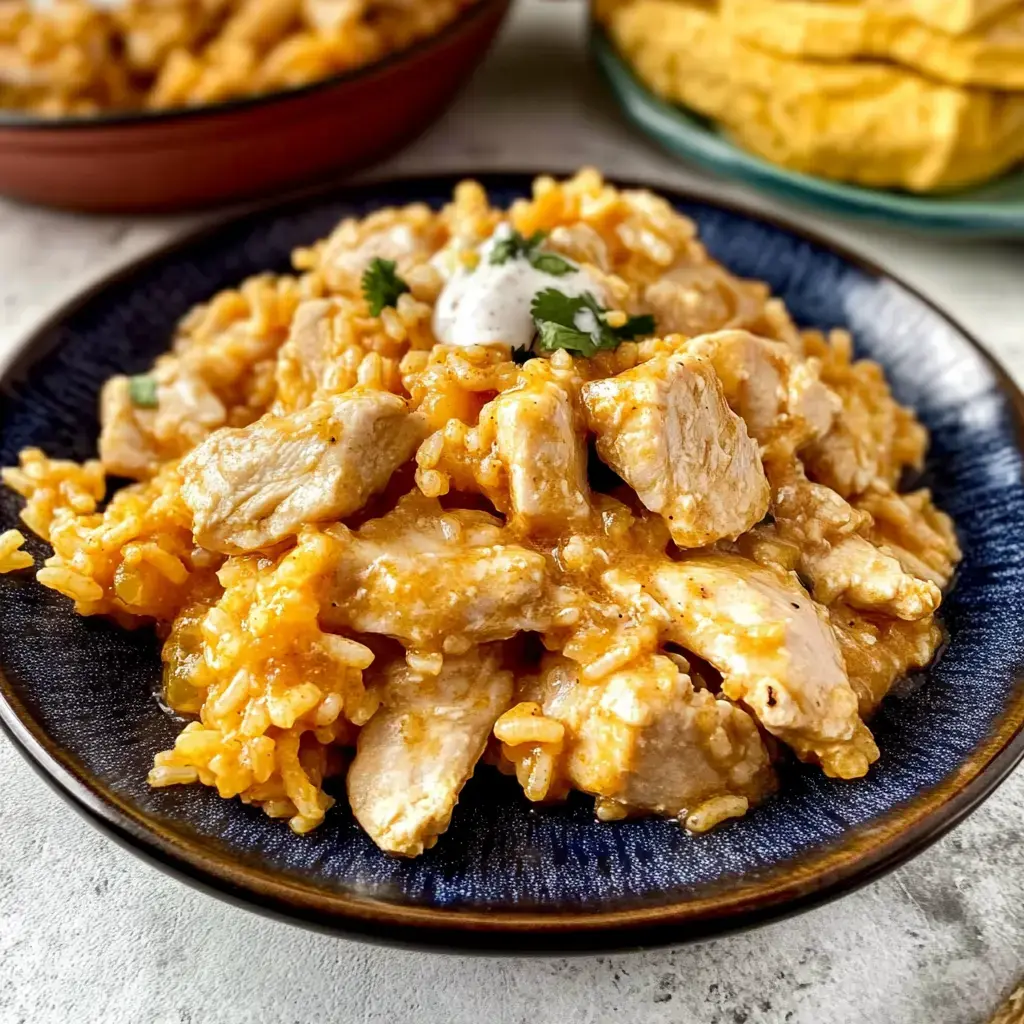 A plate filled with creamy chicken and saffron rice topped with cilantro and sauce, blurred food in the background.