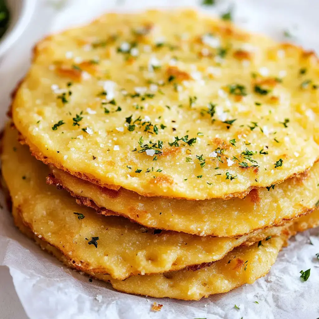 Golden flatbreads stacked up, sprinkled with herbs and salt, served on parchment paper.
