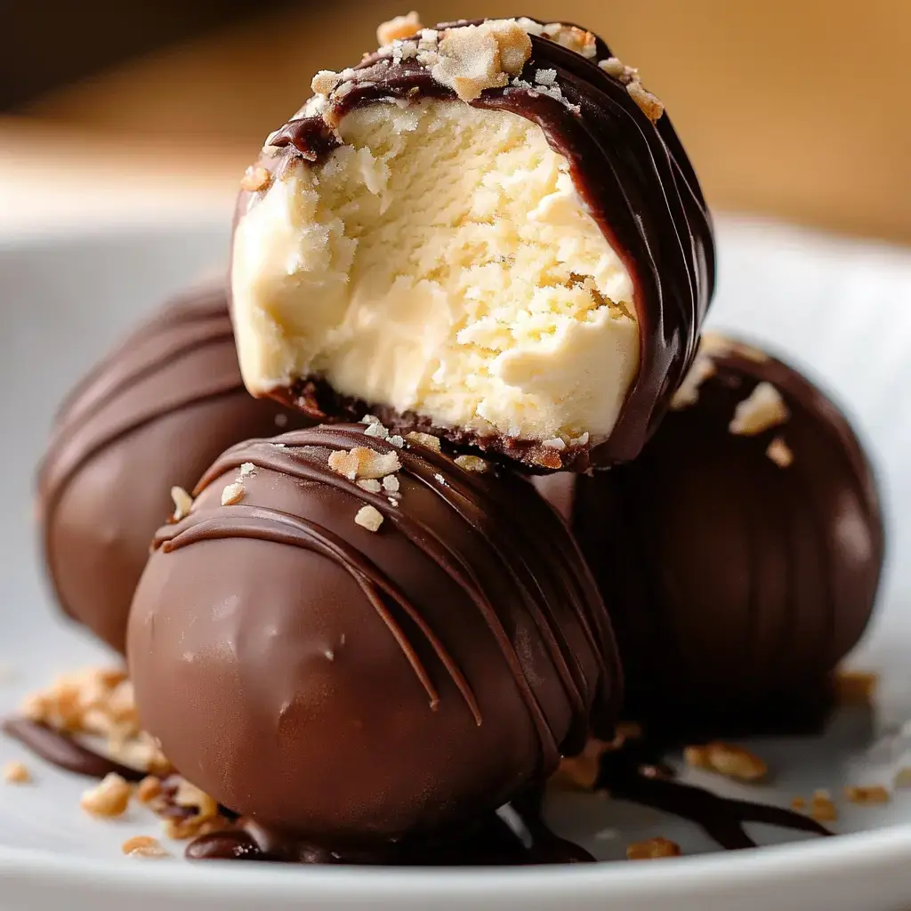 Close-up of chocolate-coated desserts with a creamy center and nut garnish, one partially eaten.