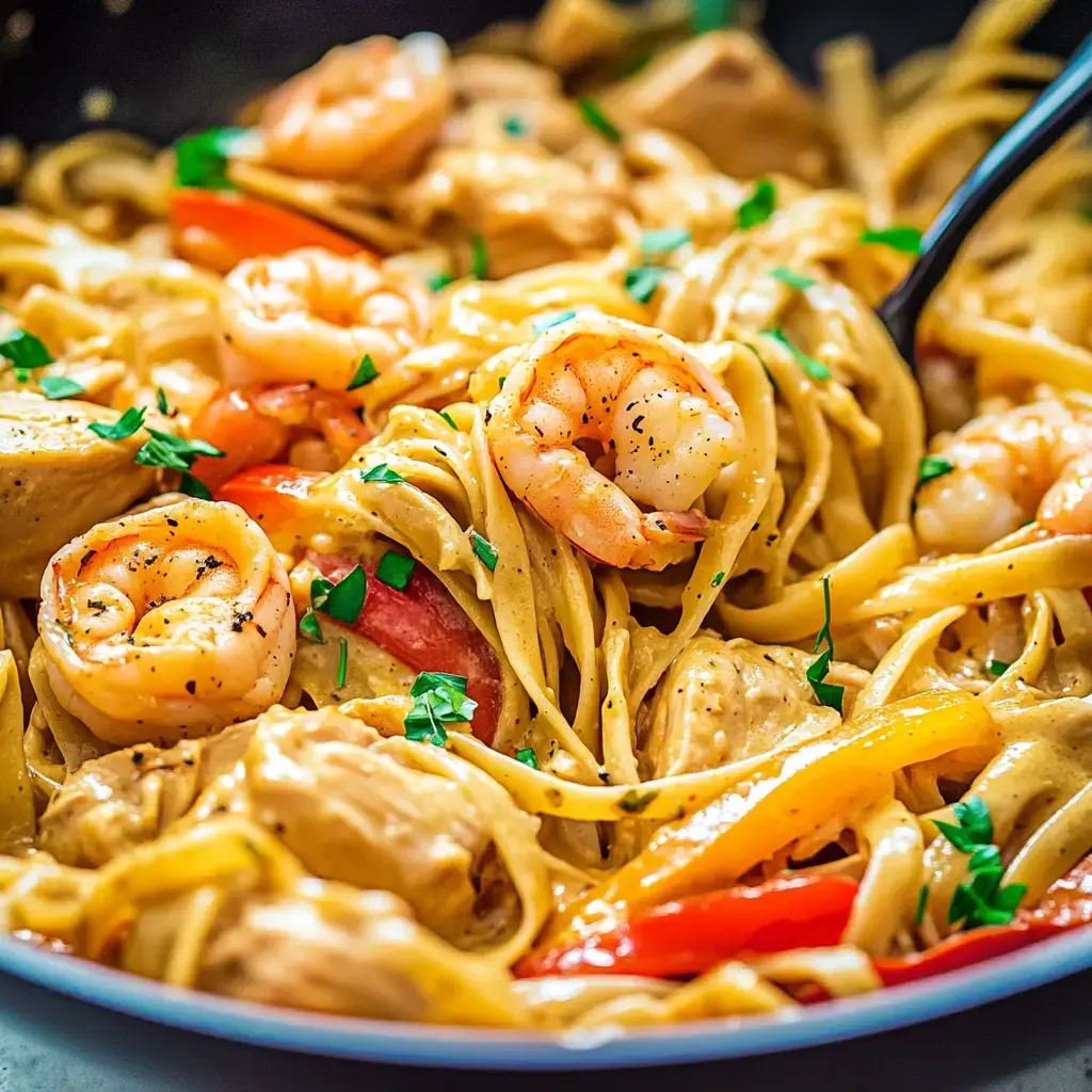 Close-up of a creamy pasta with shrimp, chicken, and bell peppers topped with parsley.