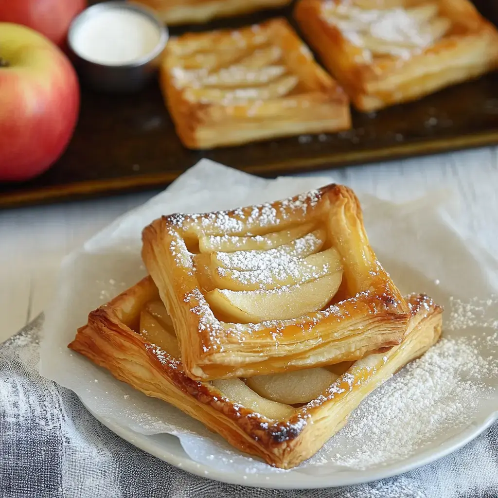 Squares of puff pastry filled with honeyed apples, topped with powdered sugar, sitting by fresh apples and cream.
