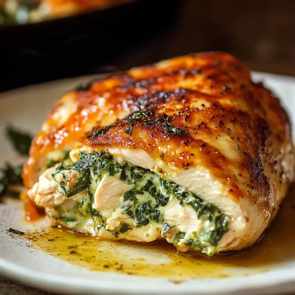 Close-up showing stuffed chicken packed with spinach, cheese, and herbs, resting on a plate with sauce drizzle.
