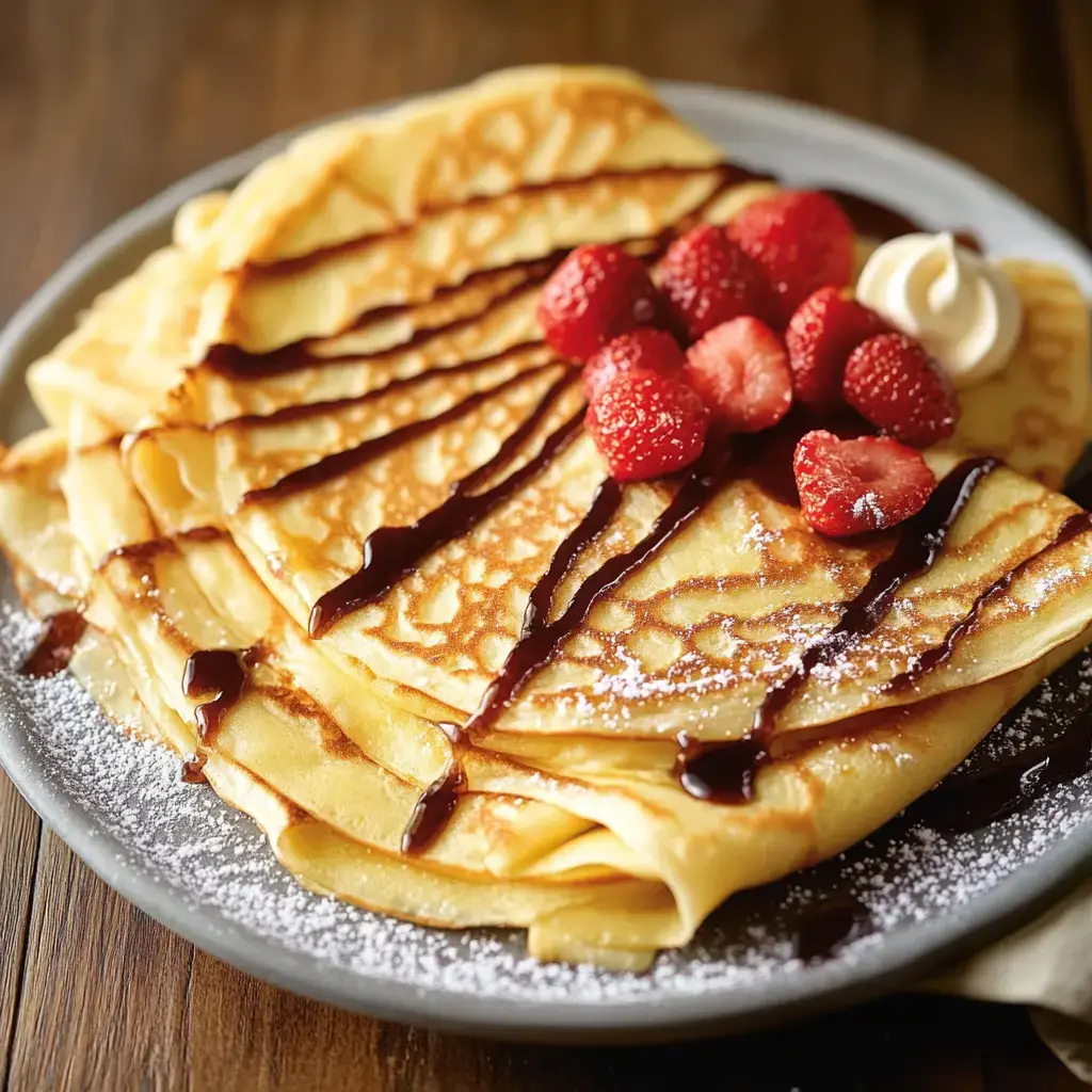 Fresh crepes piled high, drizzled with chocolate, topped with strawberries, whipped cream, and served on a plate.