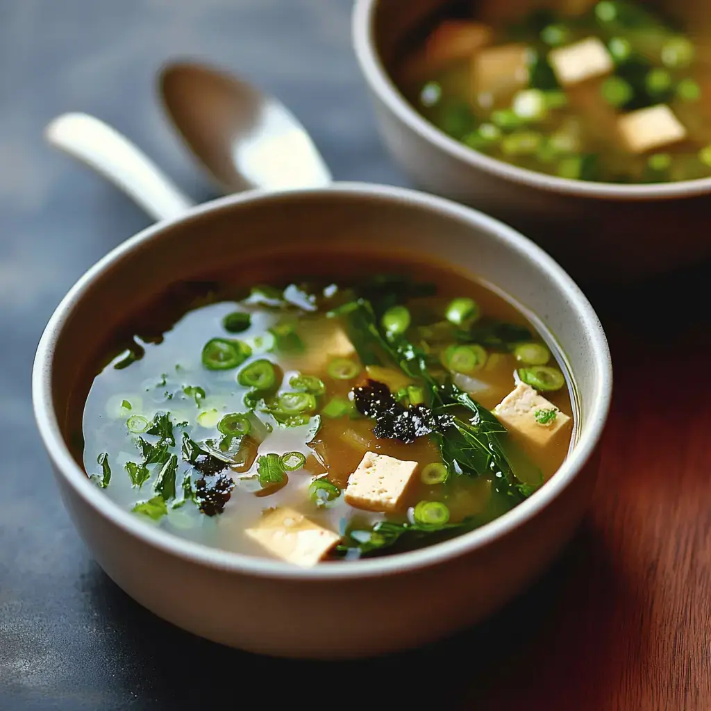 Two bowls of soup with chunks of tofu, green onions, seaweed, and leafy vegetables, sitting on a wooden tabletop.