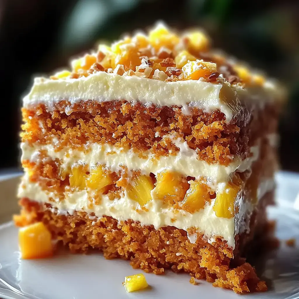 A slice of fluffy cake featuring creamy frosting and fruity chunks on top.