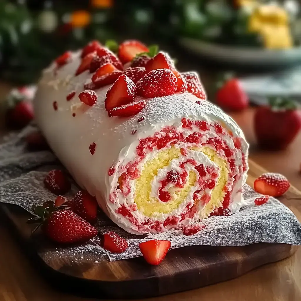 A stunning strawberry cake roll dusted with powdered sugar and garnished with fresh strawberries, set on a rustic wooden board.