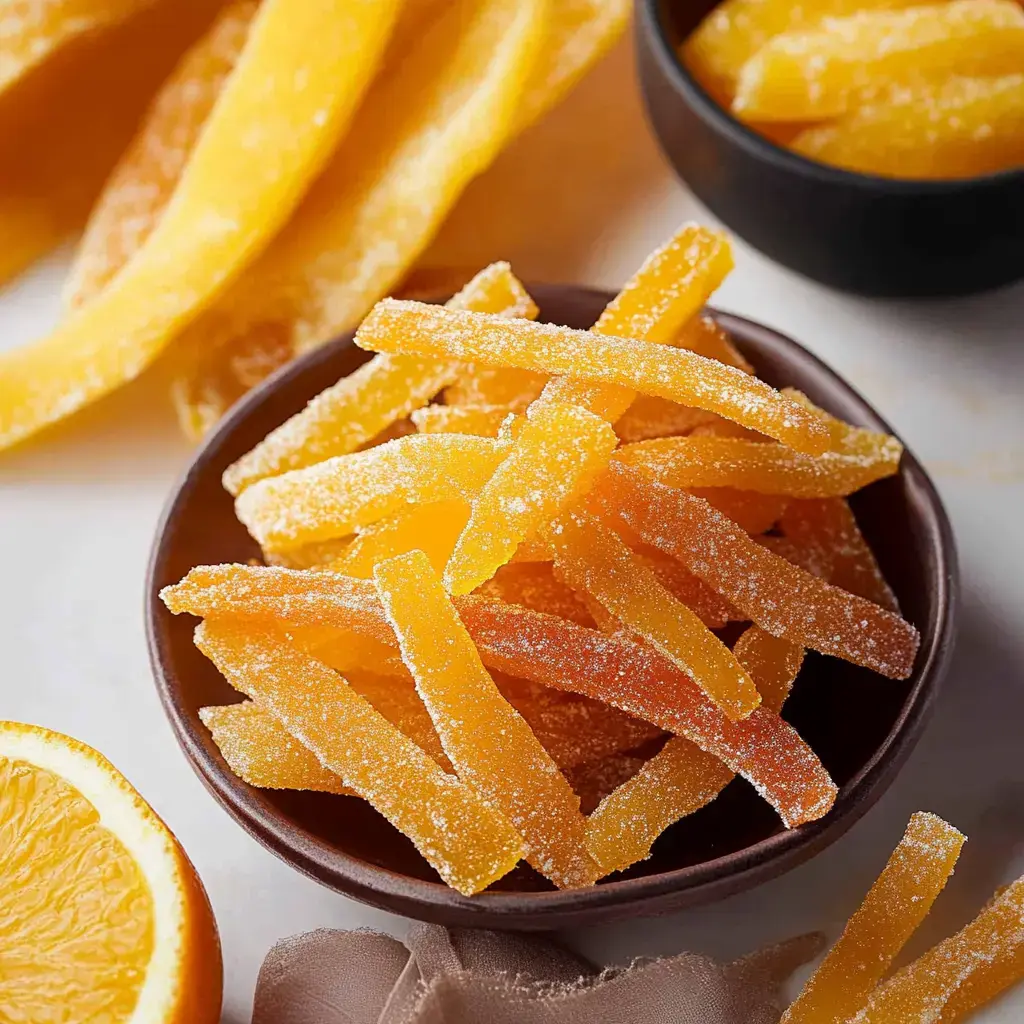 A bowl of sparkly sugared orange strips with more on the side next to a fresh orange piece.