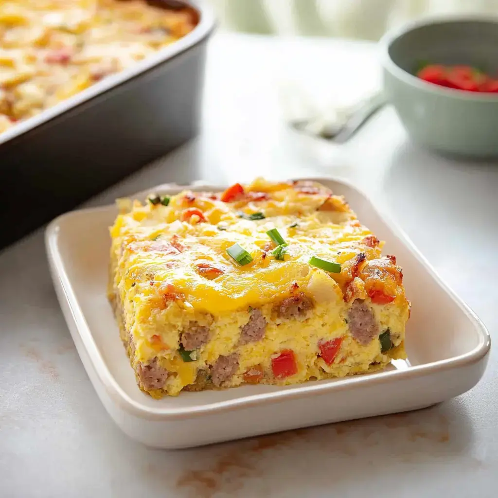 A cheesy breakfast bake slice garnished with green onions, plated next to a casserole dish.