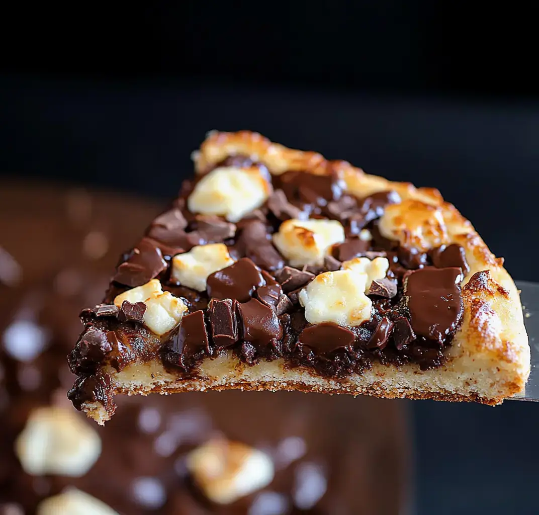 A gooey slice of chocolate-packed dessert pizza held above a dark backdrop, showing melted chocolate and marshmallow goodness.