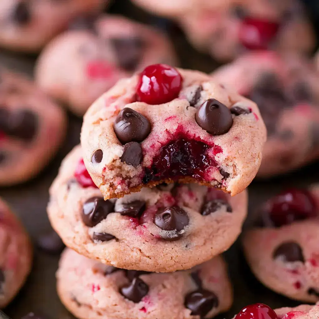 A stack of pink cookies with chocolate chips and cherry bits, including one with a bite showing its soft inside.