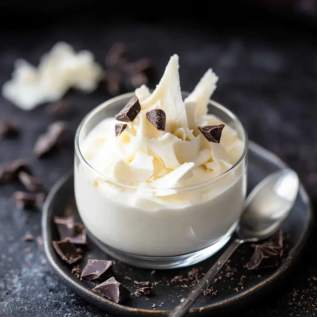 A dessert glass loaded with smooth white mousse, garnished with chocolate shavings and chunks, served on a dark plate alongside scattered chocolate pieces.