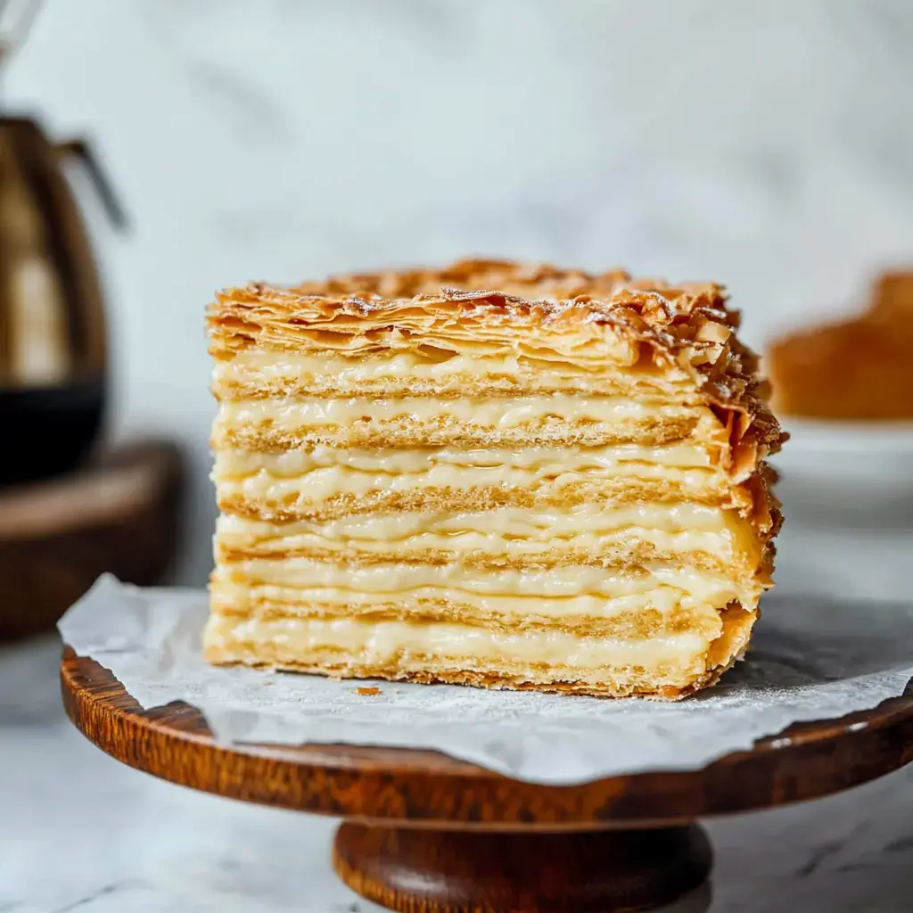 A layered dessert slice with vanilla cream on a wooden cake stand.
