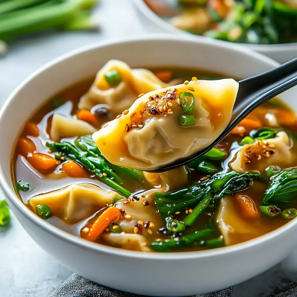 A bowl filled with dumpling soup, vegetables, and a spoon holding a dumpling above the surface.