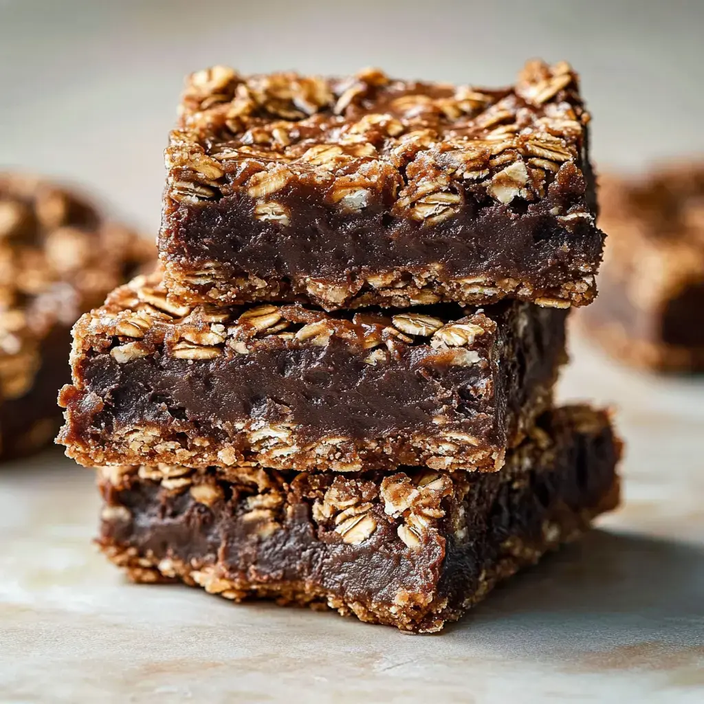 Layers of oats and smooth chocolate fudge stacked in chewy bars.