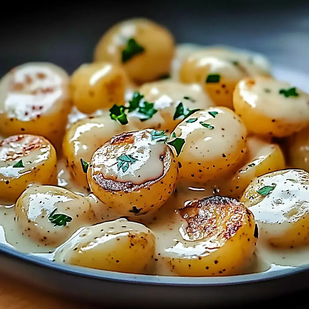 Golden-brown creamy potatoes with parsley on a white plate.