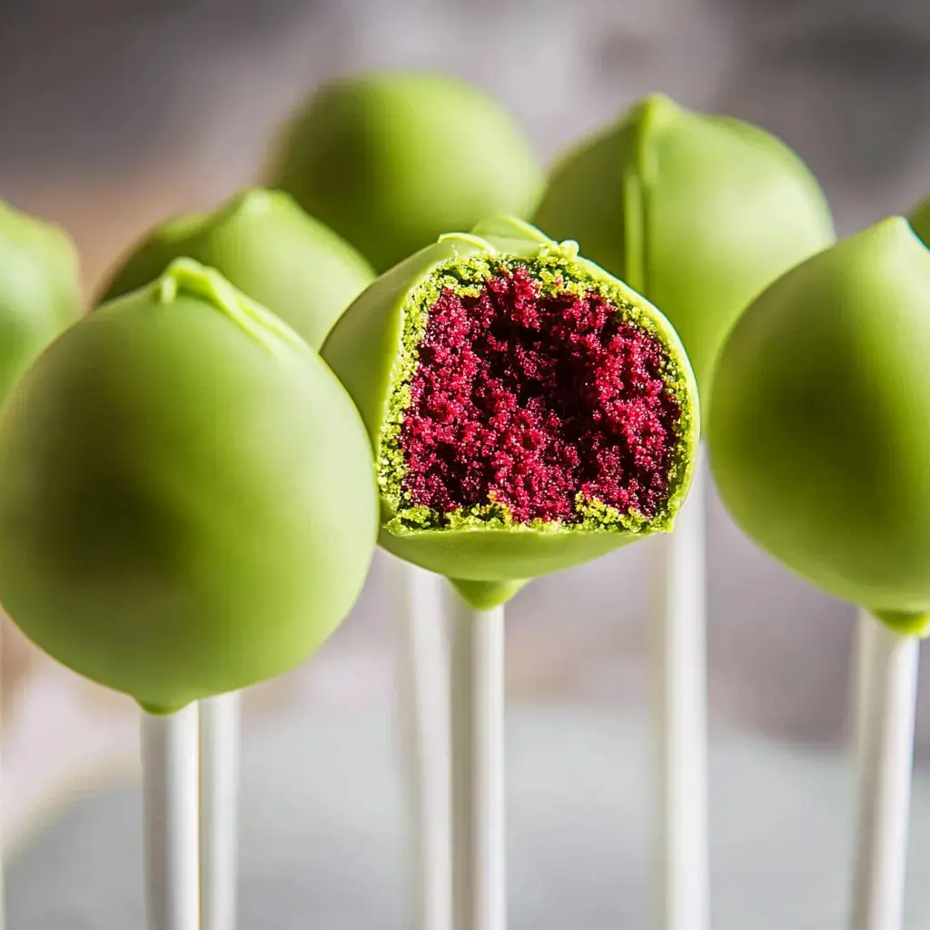 Close-up of green pops with a bite showing red velvet inside.