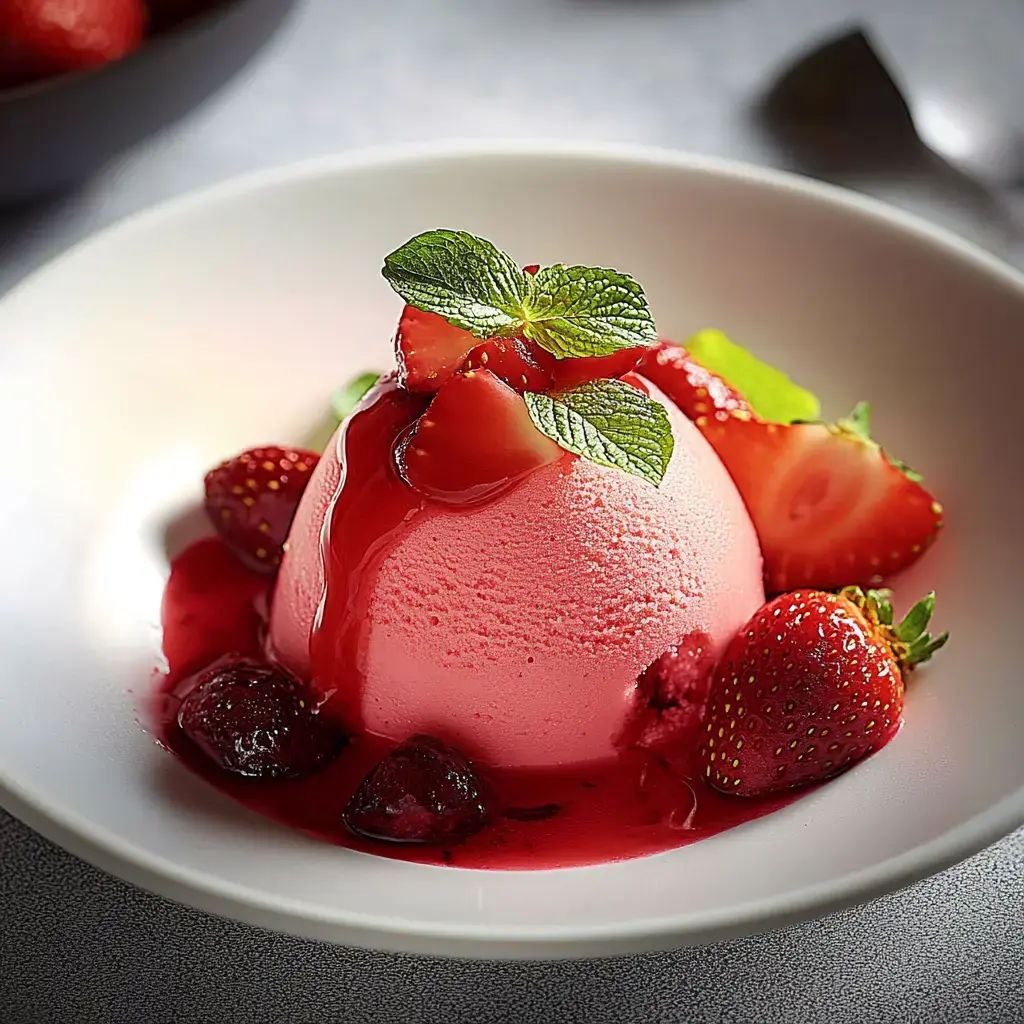 A bowl of pink frozen strawberry dessert topped with fresh strawberries and mint, drizzled with berry sauce.