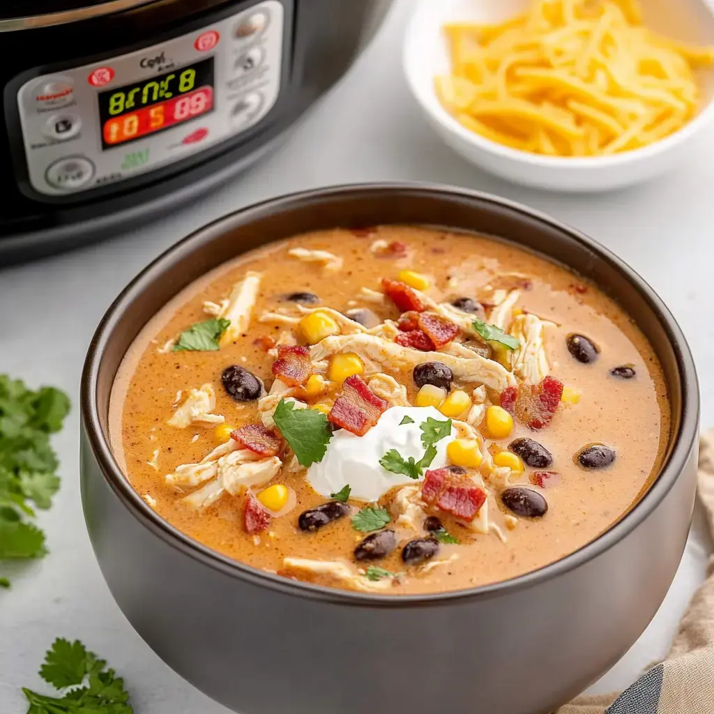 A steaming bowl of creamy chicken chili with bacon, beans, and corn, garnished with cilantro and sour cream, sitting next to a slow cooker.