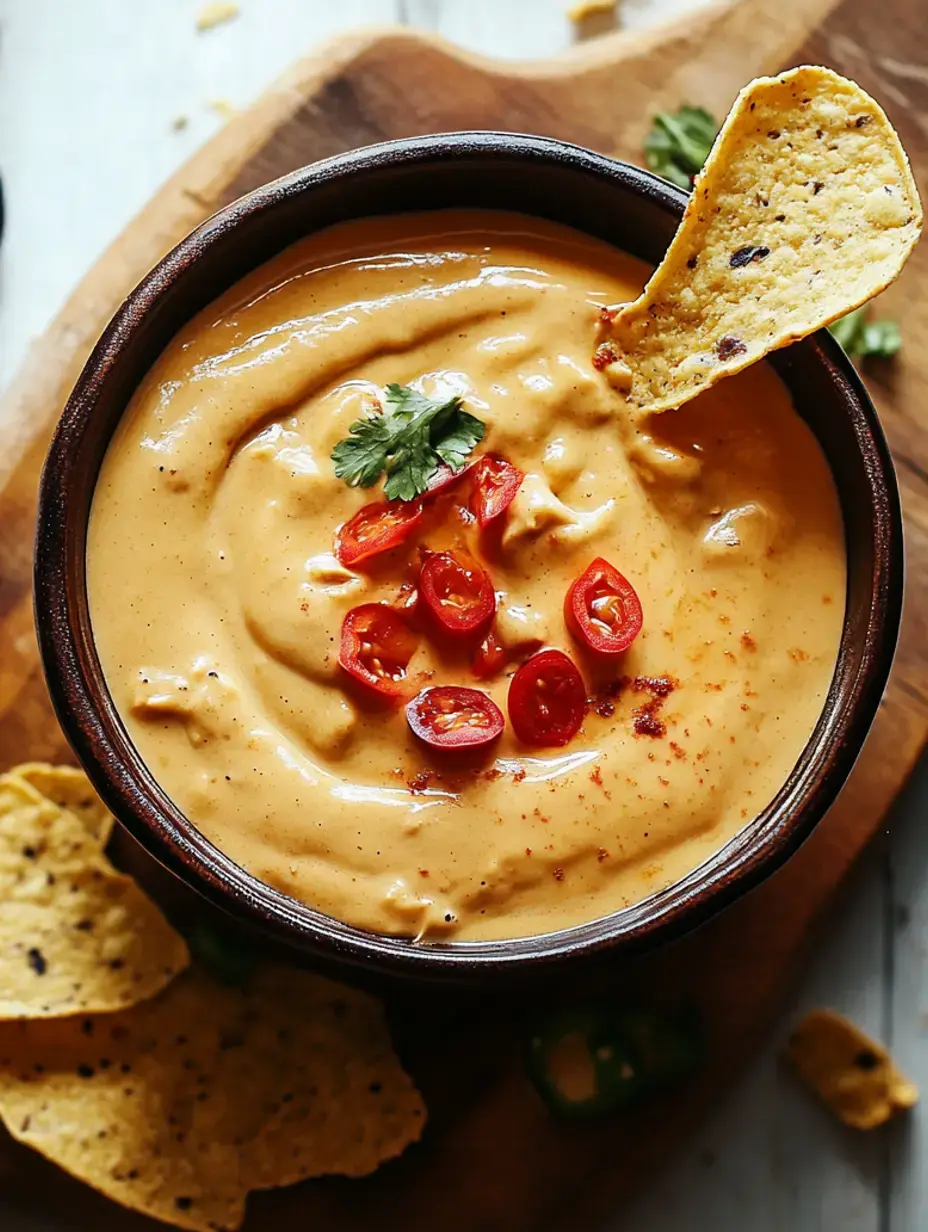 Creamy queso piled high with fresh tomatoes and a pinch of spices, sitting next to crunchy tortilla chips in a wooden bowl.