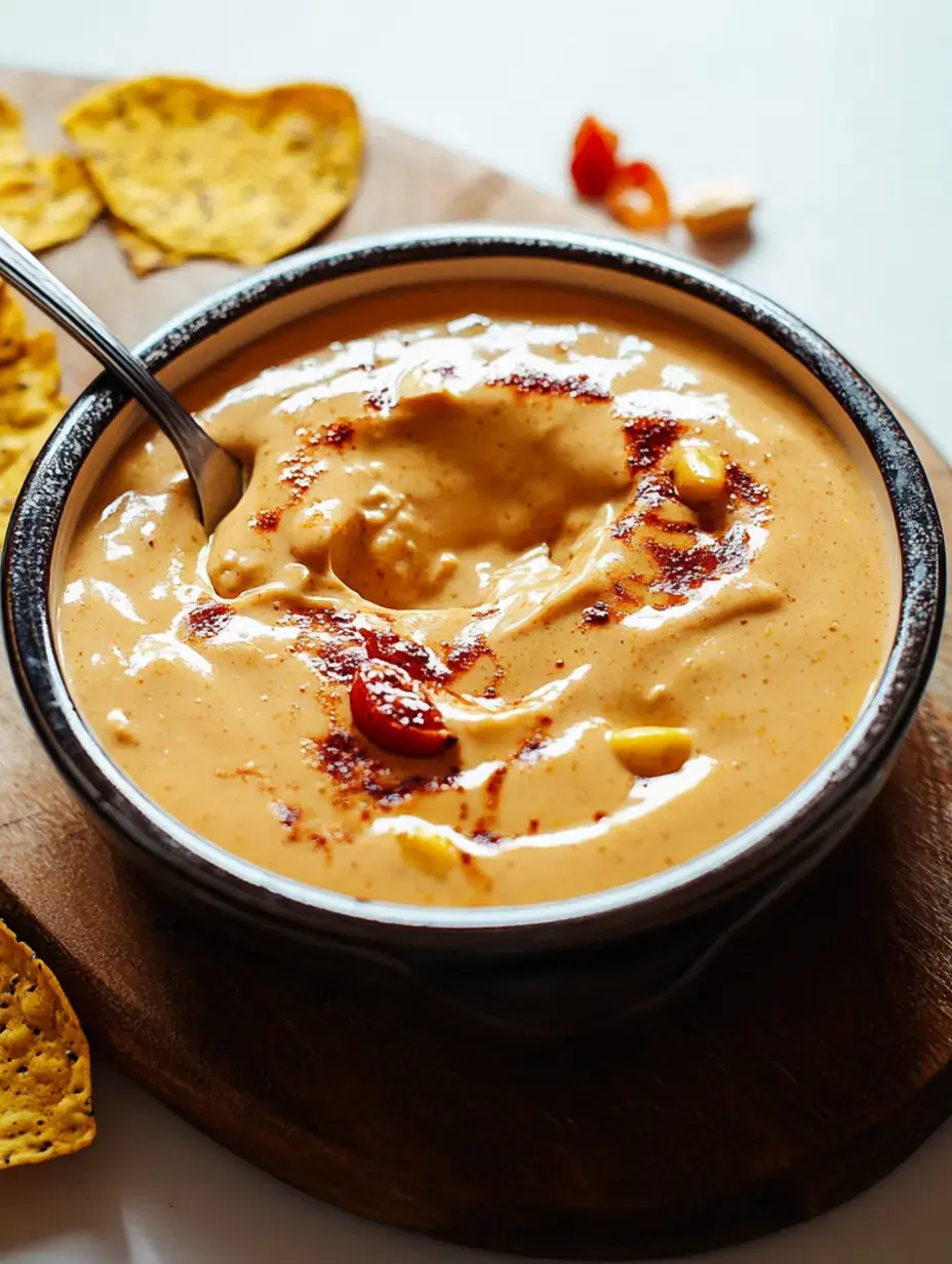 Smooth orange queso in a black bowl, scattered with spices and paired with yellow chips on a wooden board.