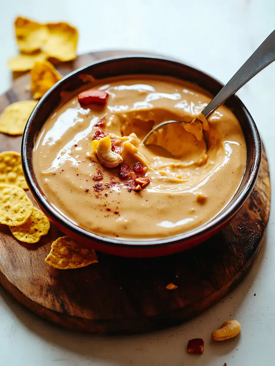 Thick creamy dip with a sprinkle of crunchy cashews and spices sits by yellow chip triangles on a rustic board.